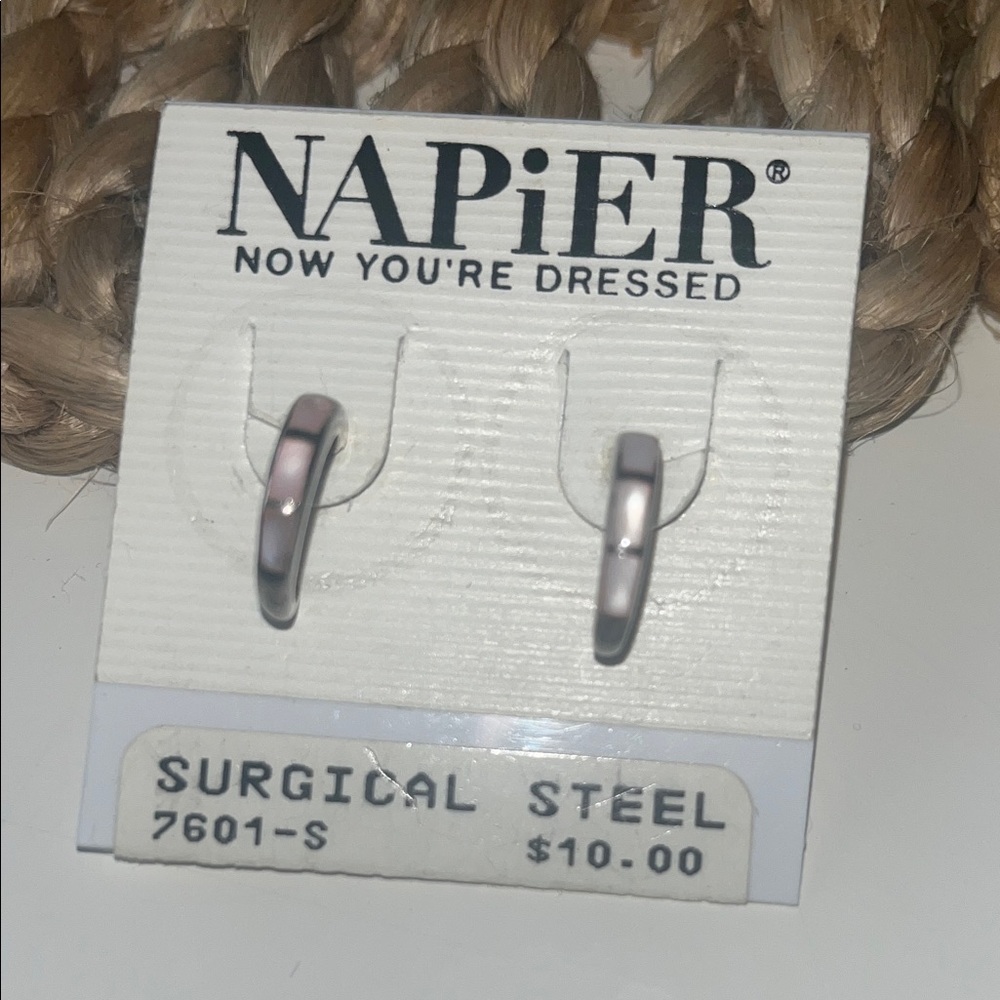 Vintage Napier-Surgical Steel Post Small Hoop Earrings, Pink Opal Inlay #boho